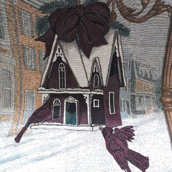 Vintage Christmas Cardinal Winter Village Scene Woven Tapestry Throw Blanket - Picture 8 of 11